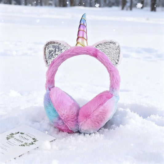 Rainbow tie-dye unicorn plush earmuffs with sequin horn, front view