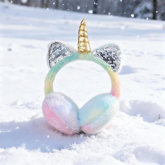 Pastel tie-dye unicorn plush earmuffs with sequin horn, front view
