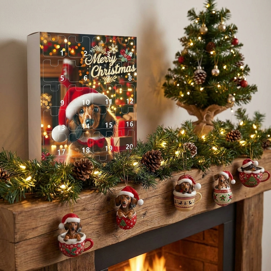 Merry Christmas dachshund advent calendar with 24 doors, fireside scene