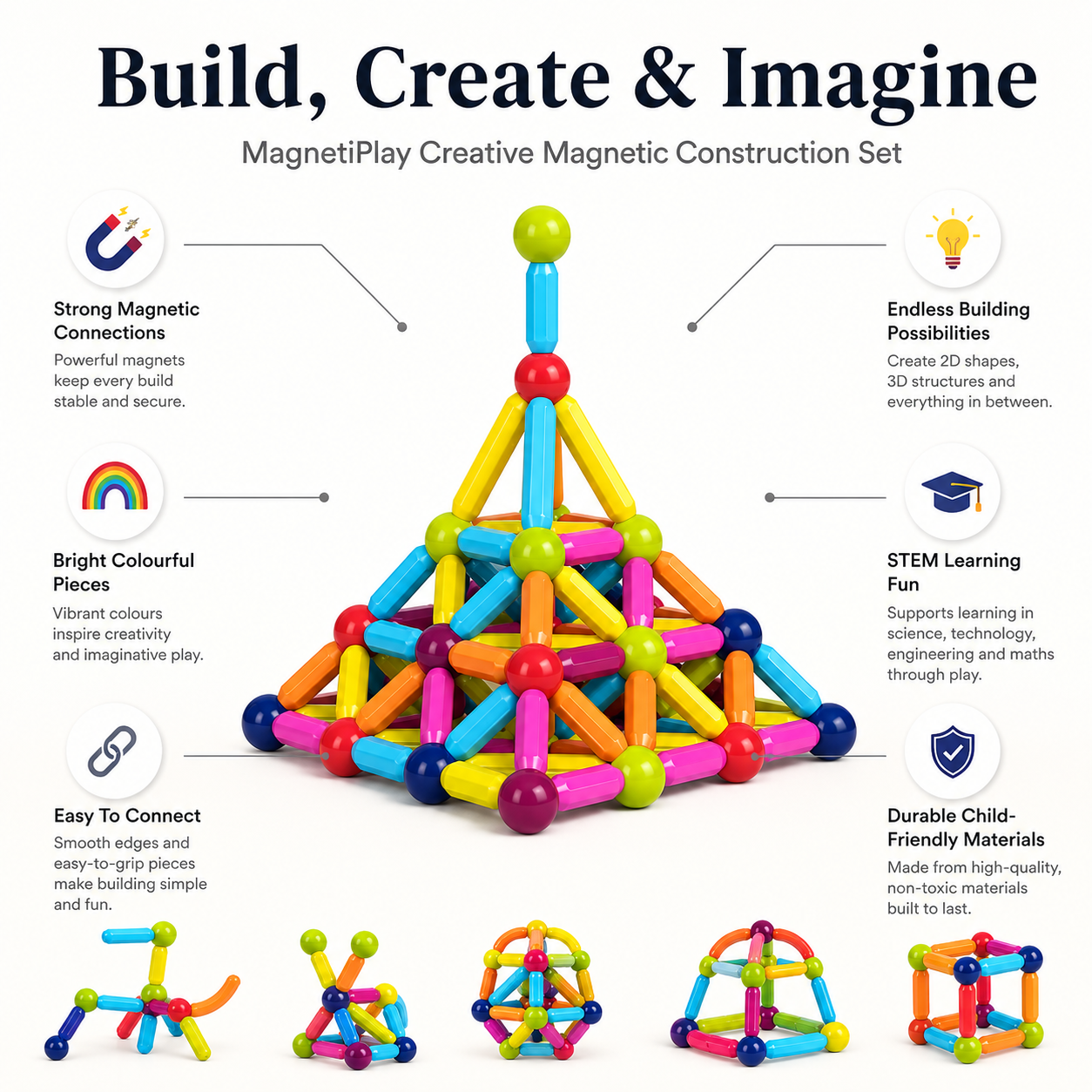 Magnetic building shapes and towers