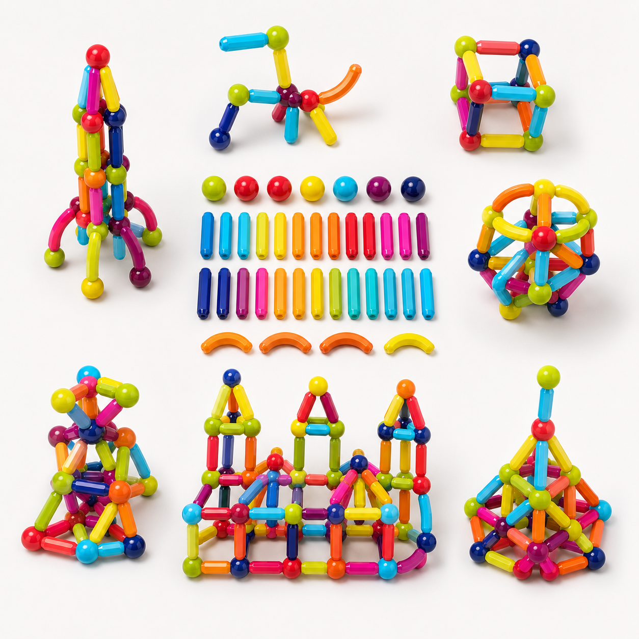 Magnetic building set pieces laid out