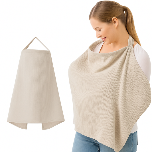Mum using beige breathable cotton nursing cover
