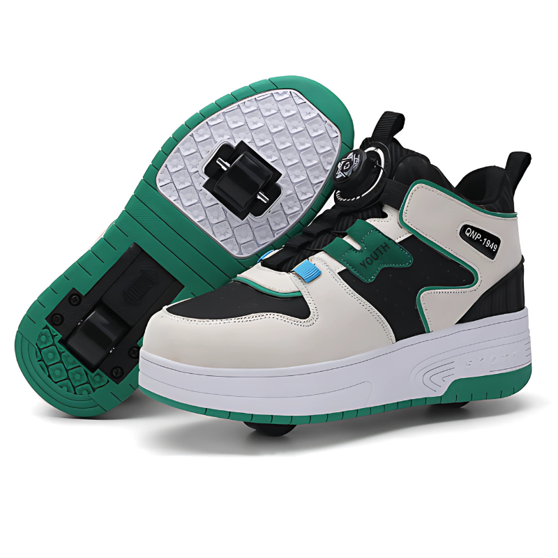 Kids roller shoes with retractable wheels, green colour