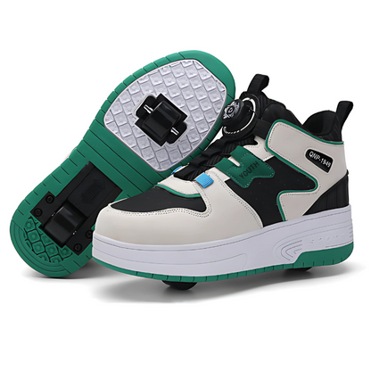Kids roller shoes with retractable wheels, green colour