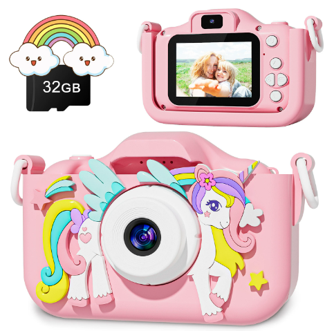 Children's digital camera in pink with unicorn design