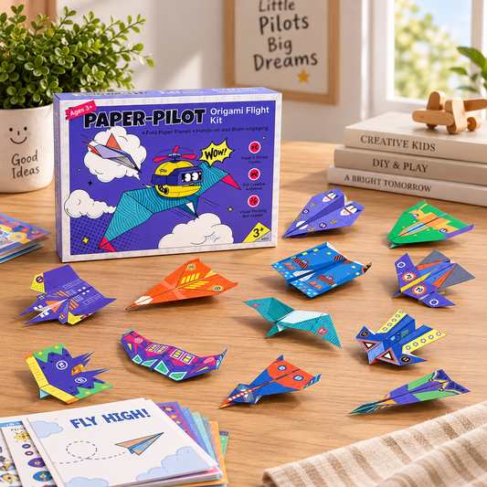 PaperFly Origami Paper Airplane Set box displayed alongside colourful folded paper airplanes on a wooden table