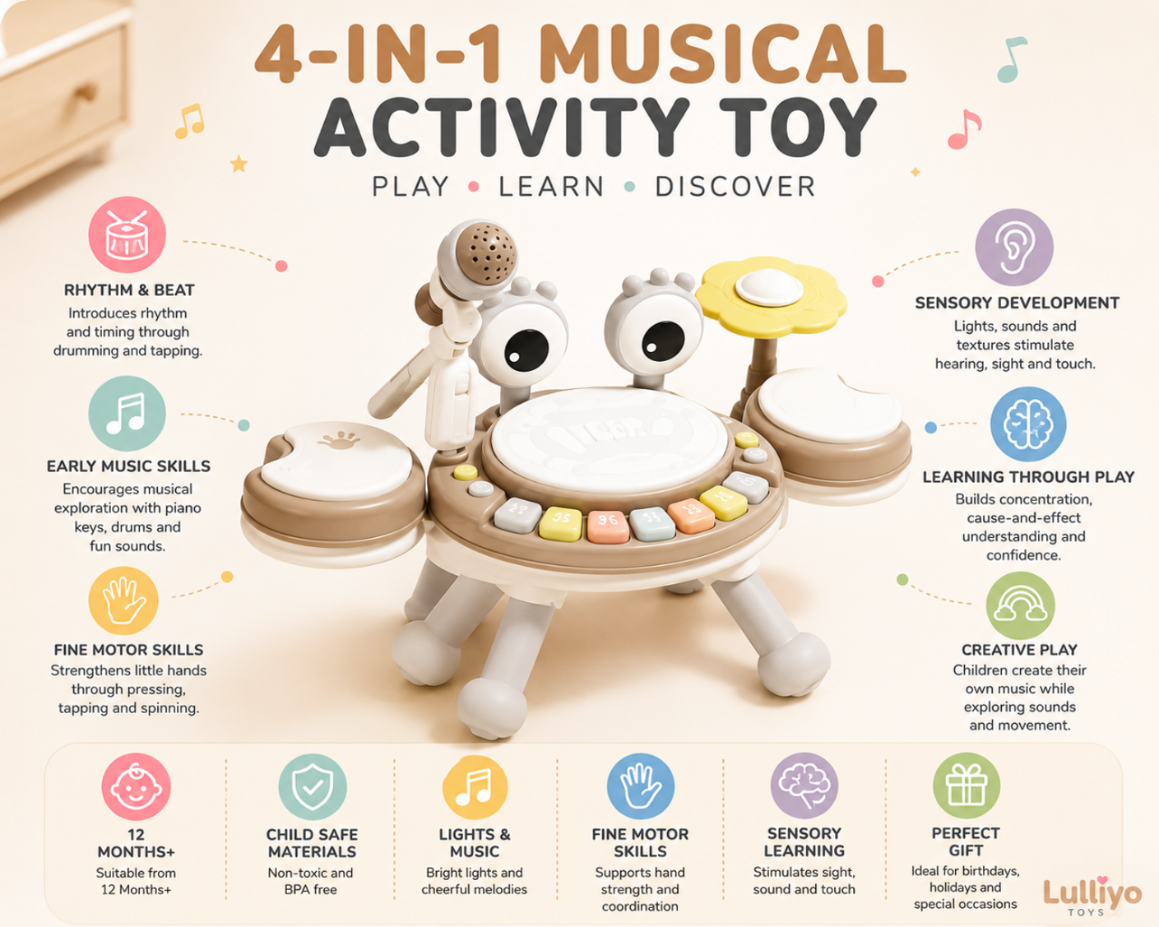Kids 4-in-1 musical toy features