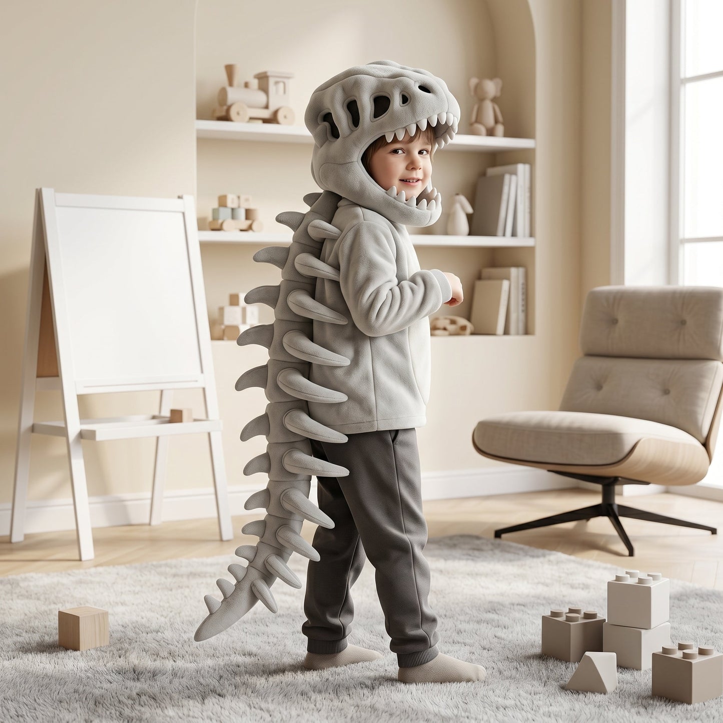 Grey dinosaur plush hooded neck warmer detail
