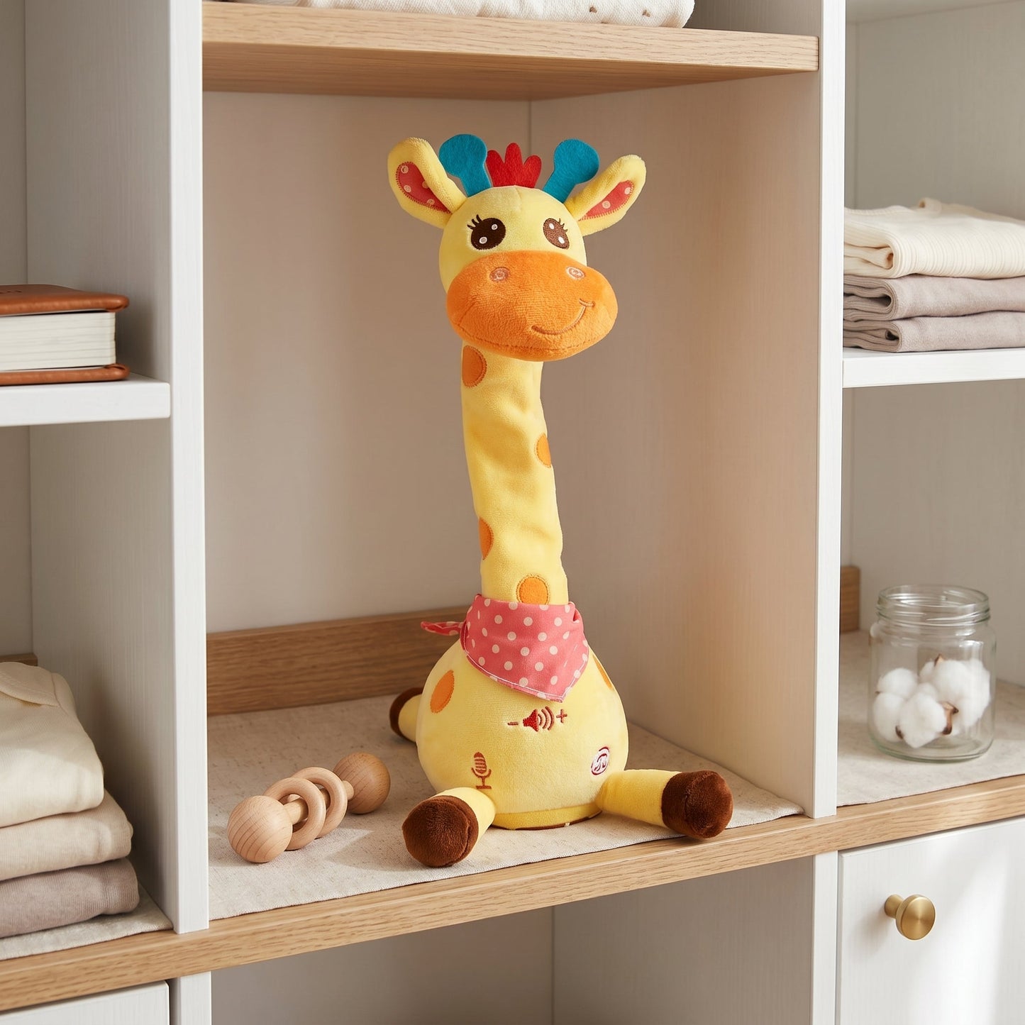 Singing giraffe plush toy — side view