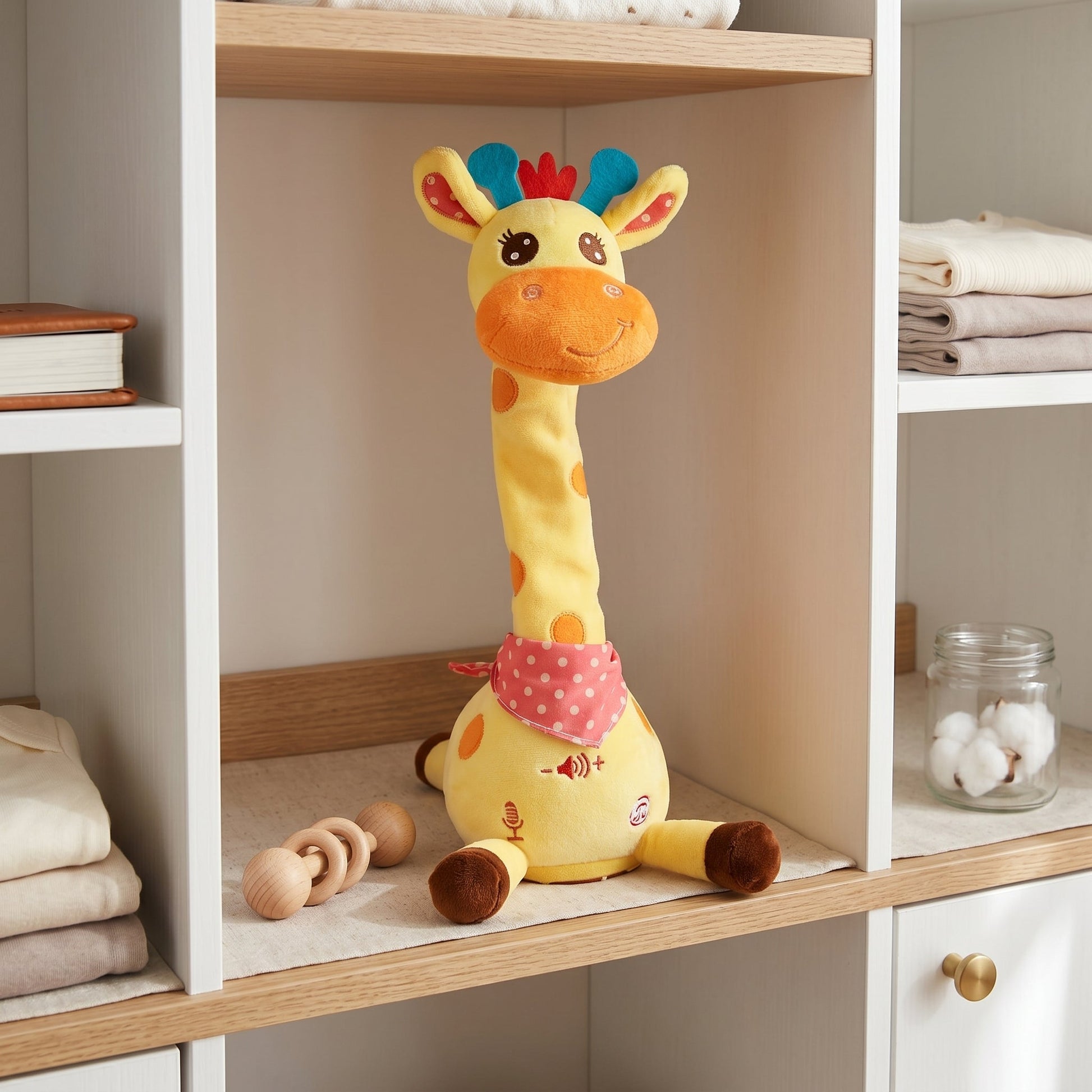 Singing giraffe plush toy — side view