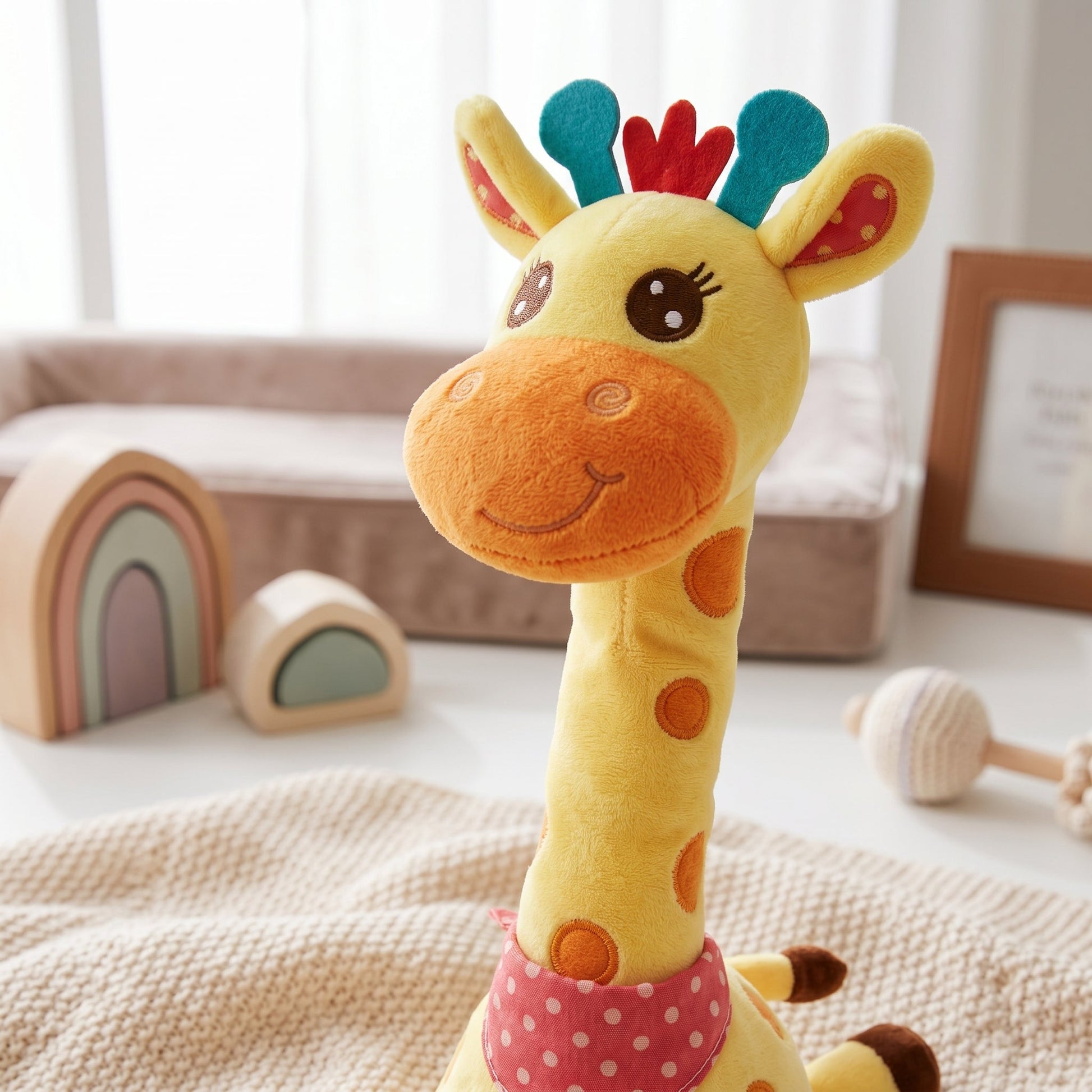 Singing giraffe plush toy in play scene