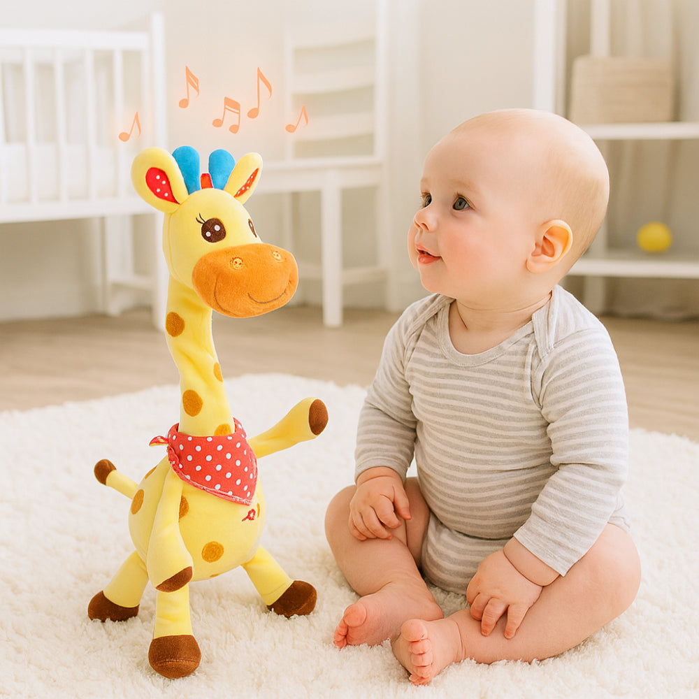 Singing giraffe plush with control buttons