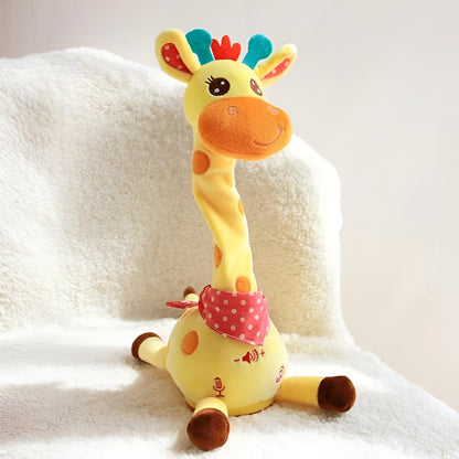 Baby playing with the singing giraffe plush
