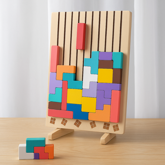StackFun wooden stacking and puzzle set with colourful blocks