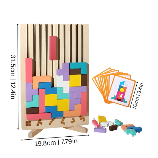 StackFun wooden blocks and example cards laid out