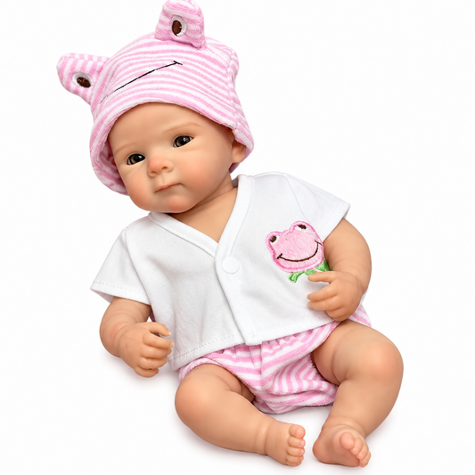 Mini silicone reborn baby doll wearing pink frog print hooded outfit