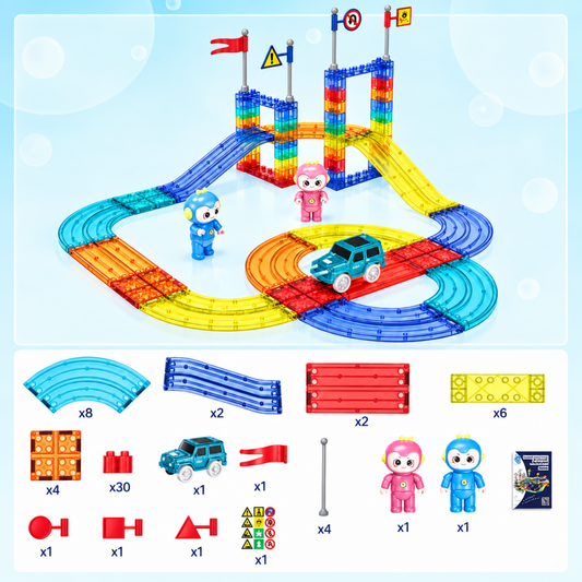 Magnetic building set with creative tracks, main assembled set overview