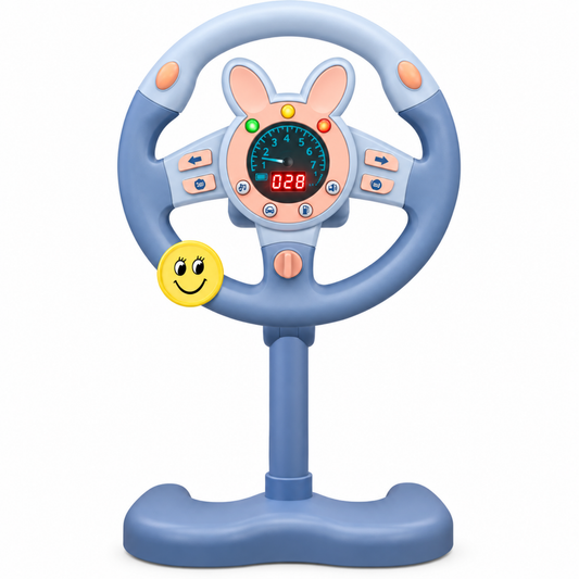 Blue pretend-play steering wheel toy with light-up dashboard buttons
