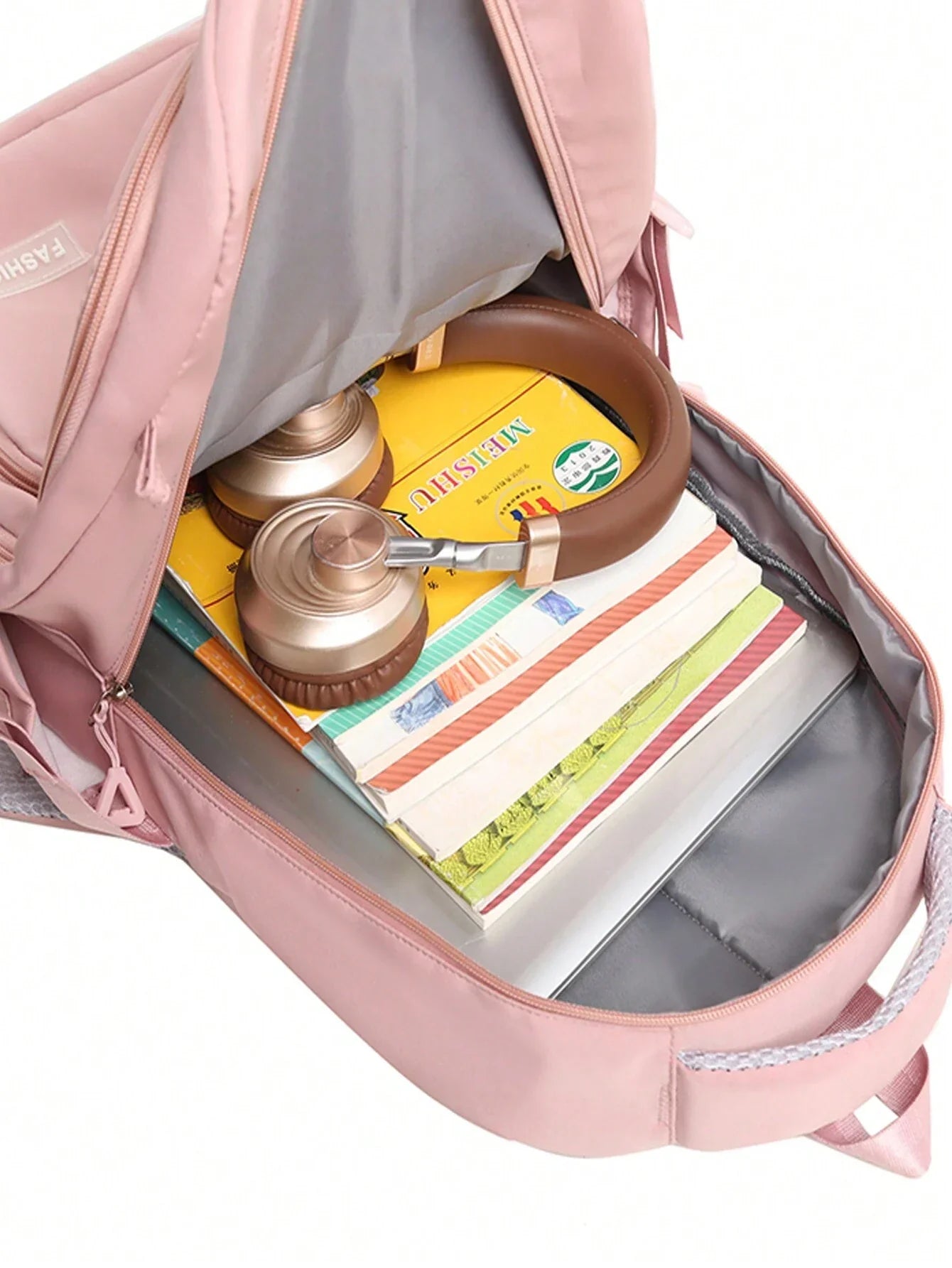 Pink school backpack side view