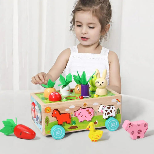 Wooden vegetable sorting toy pieces removed from the base