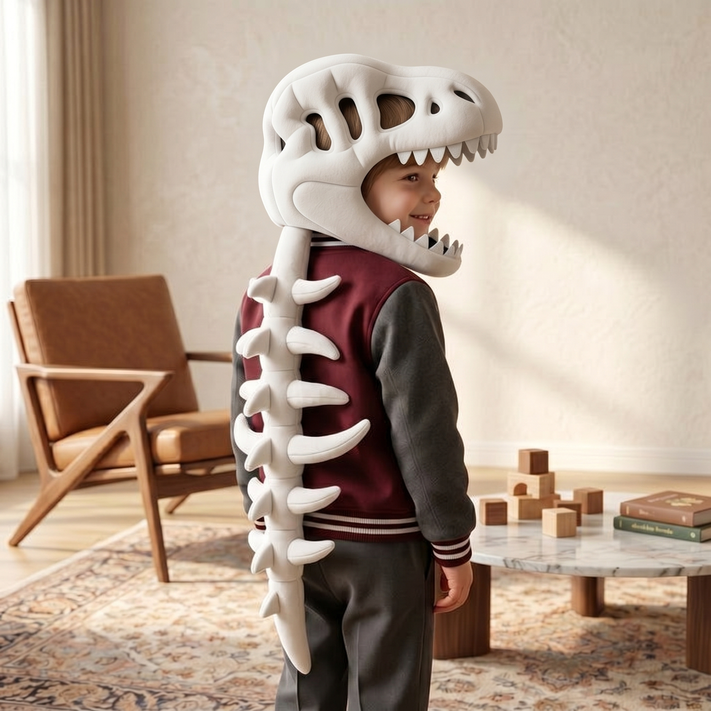 White dinosaur plush hooded neck warmer for kids