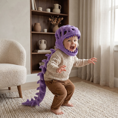 Purple dinosaur plush hooded neck warmer for kids