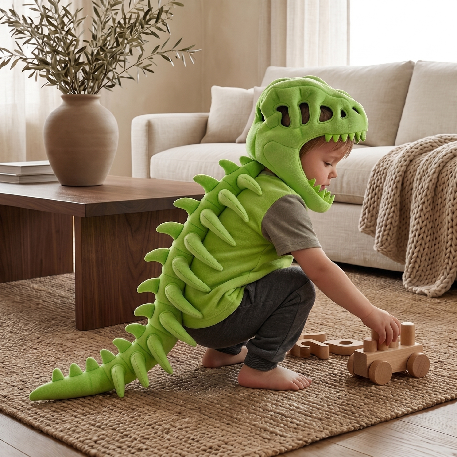 Green dinosaur plush hooded neck warmer for kids