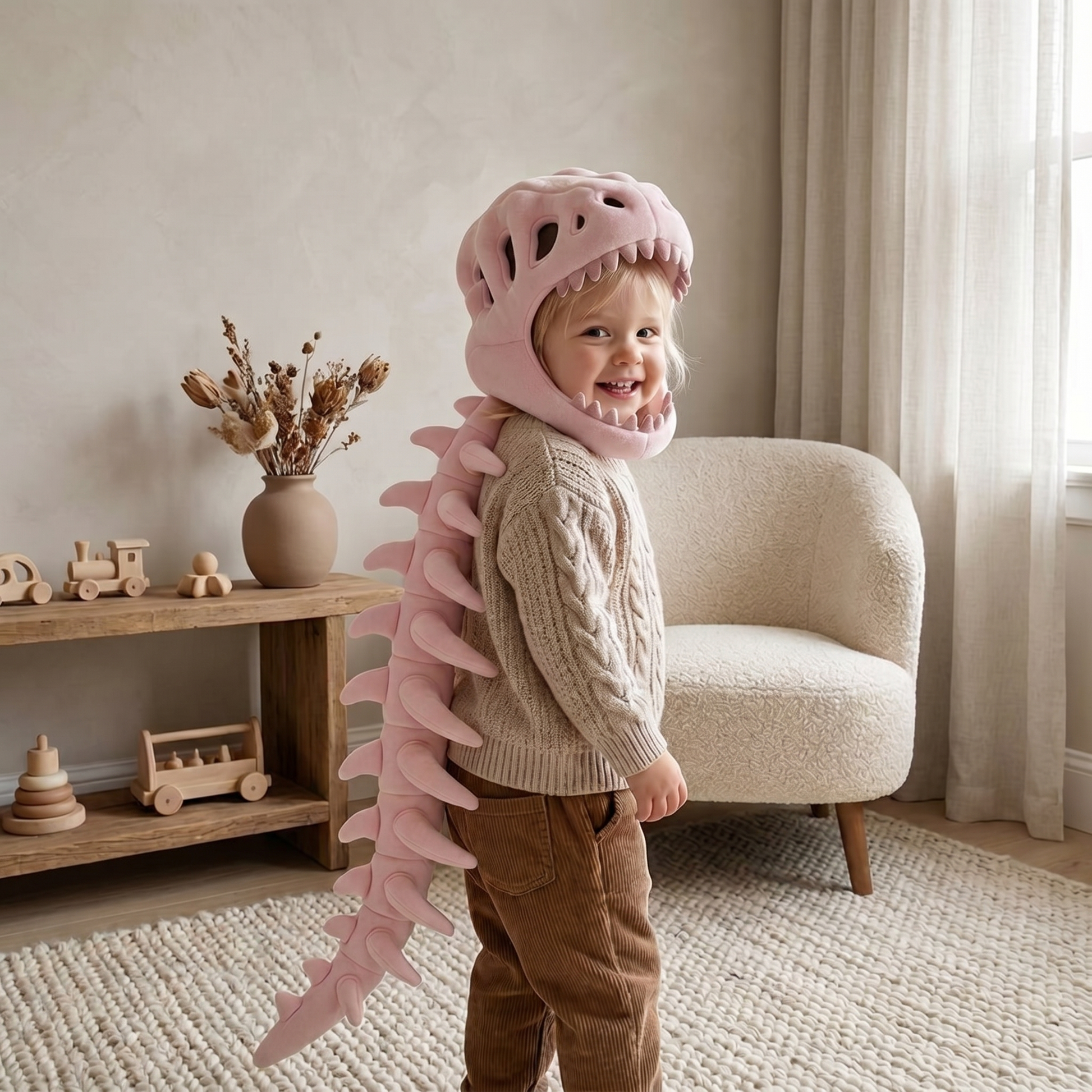 Pink dinosaur plush hooded neck warmer for kids