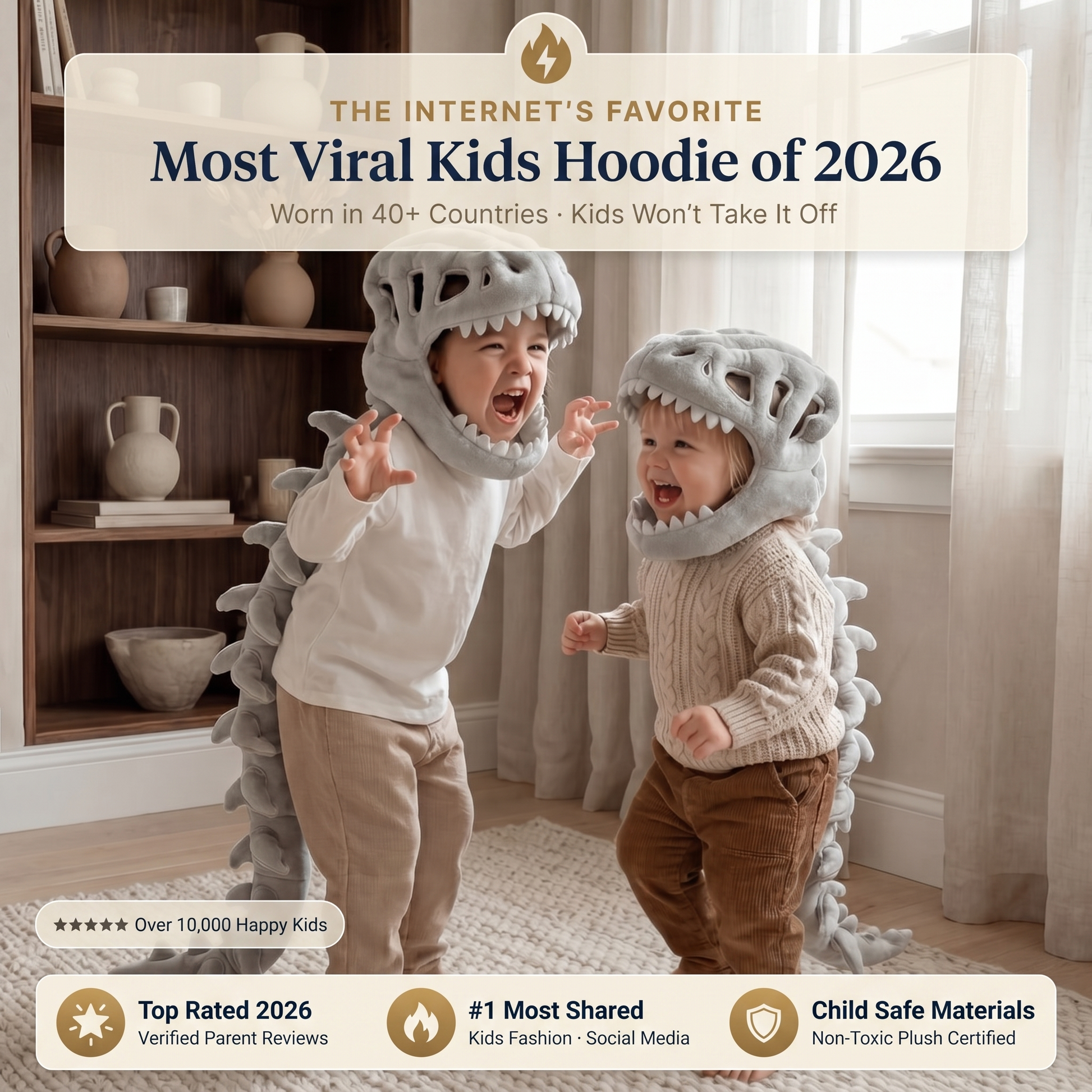 Dinosaur plush hooded neck warmer for kids front view