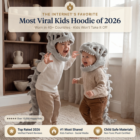Dinosaur plush hooded neck warmer for kids front view