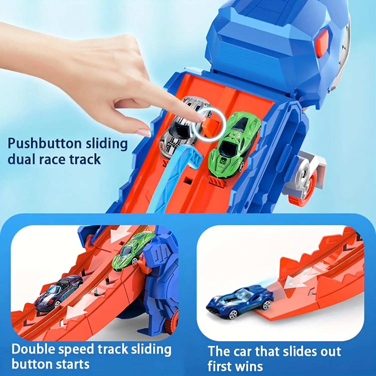 Dinosaur transporter truck toy loaded with mini toy cars