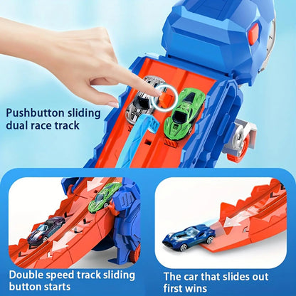 Dinosaur transporter truck toy loaded with mini toy cars