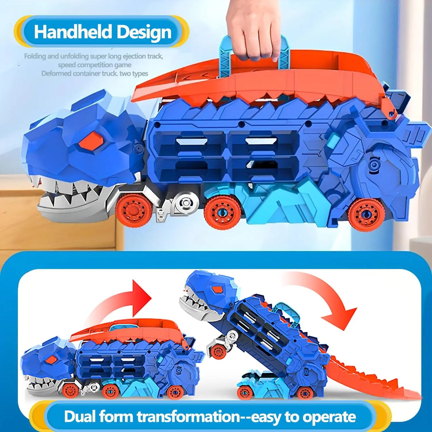 Dinosaur transporter truck toy with dinosaur design, side view