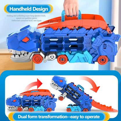 Dinosaur transporter truck toy with dinosaur design, side view