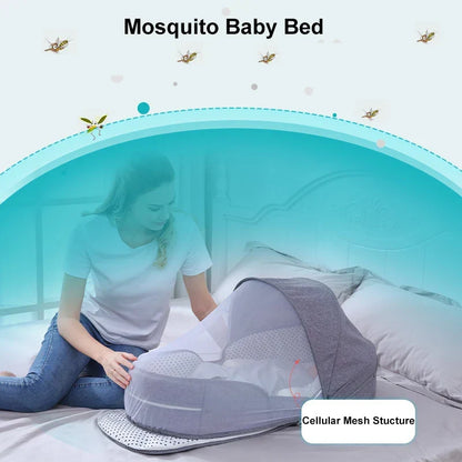Baby travel bed shown folded for carrying