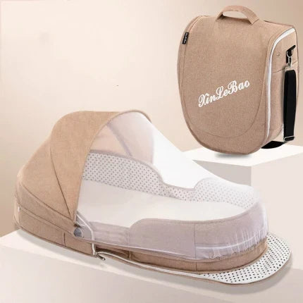Khaki baby travel bed with mosquito net