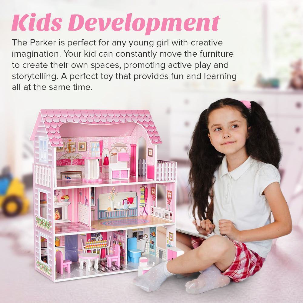 Wooden dollhouse bedroom detail