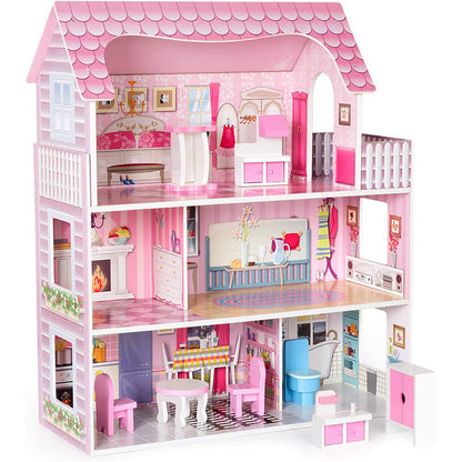 Medium wooden 3-storey dollhouse for kids front view