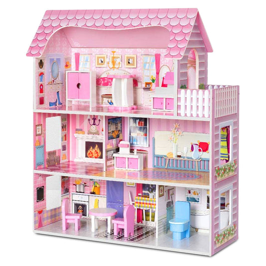 Wooden dollhouse showing three storeys and five rooms