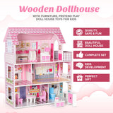 Medium Pink Wooden 3-Storey Dollhouse for Kids thumbnail 5