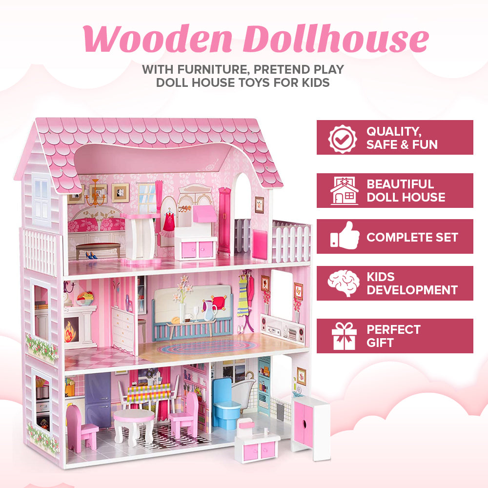 Dollhouse styled with dolls for pretend play