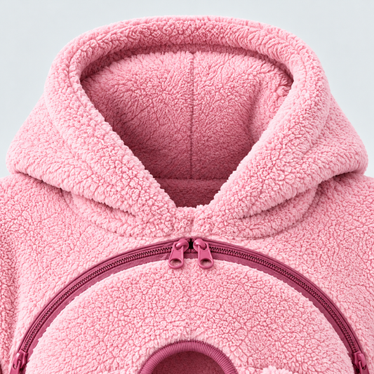 Pink teddy fleece babywearing hoodie close-up