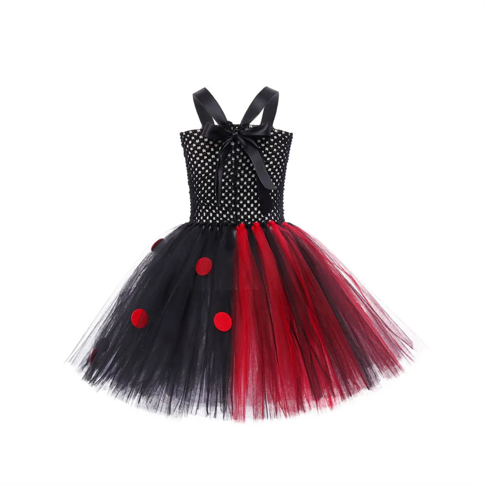 Girls Black & Red Clown Tutu Dress - Halloween Fancy Dress with Red Nose