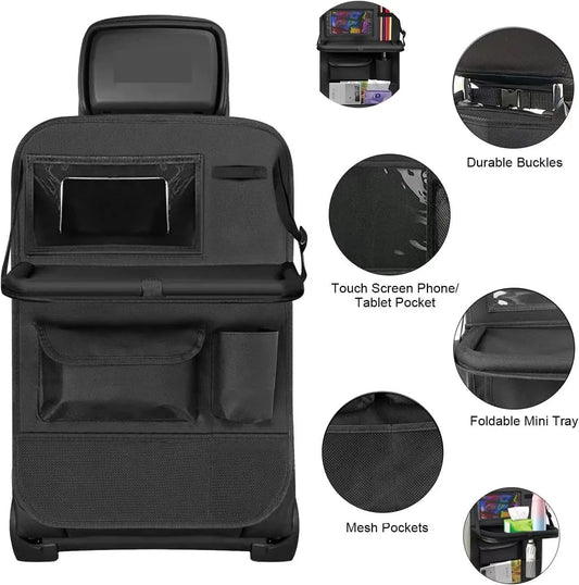 Foldable car back seat table organiser with tablet pocket, foldable tray and mesh pockets