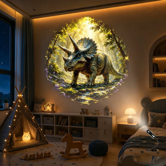 Dinosaur projector night light projecting a Triceratops scene onto a bedroom wall at night
