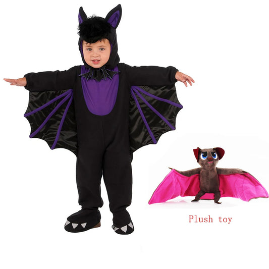 Toddler bat jumpsuit costume with matching bat plush toy
