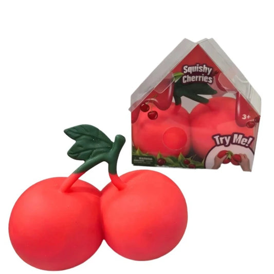 Original product photo of the cherry stress relief squeeze toy, red and green silicone fruit shape on a plain background