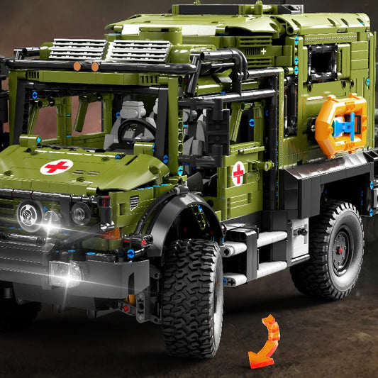 Off-road ambulance building block truck, close-up front detail