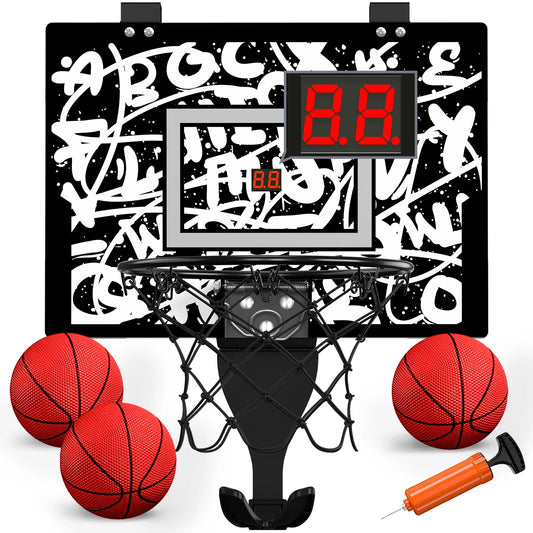 Black graffiti design mini basketball hoop with scoreboard and balls