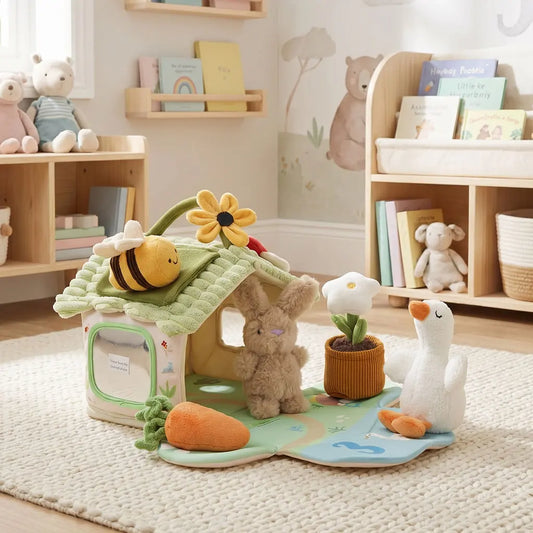 Soft fabric sensory play house with bee, bunny, goose and flower pot toys
